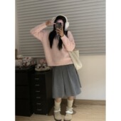 呢子高腰A字中长款 黑奶酪BLACK 韩系慵懒少女粉色毛衣 毛呢半身裙