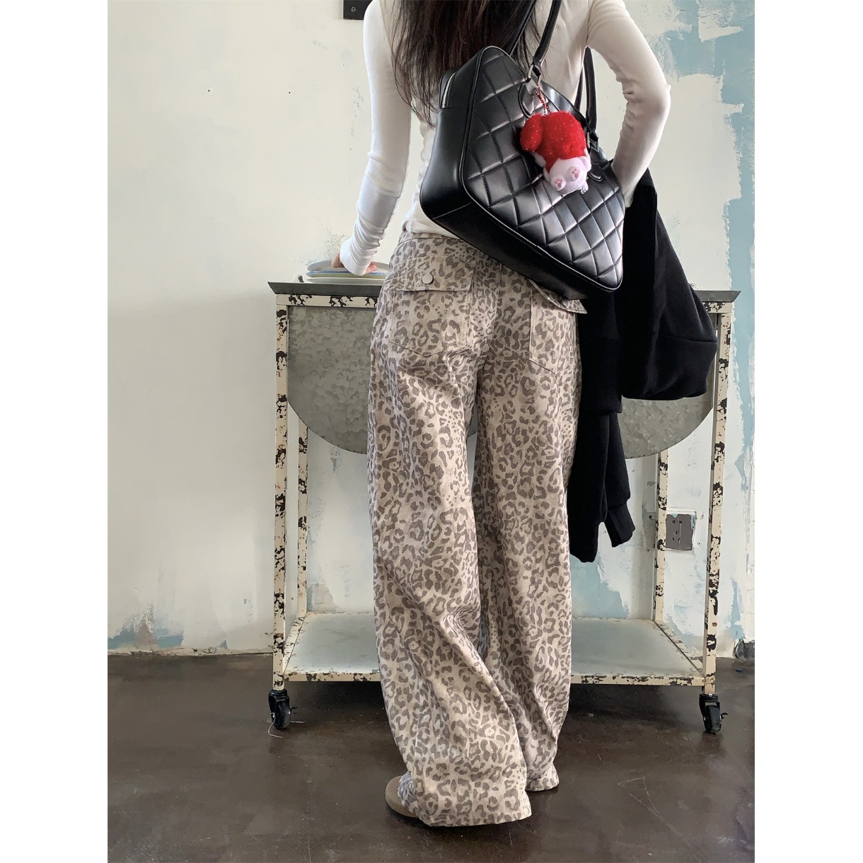 时髦豹纹裤宽松直筒裤显瘦休闲裤