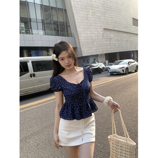 黑奶酪 BLACK~法式甜美荷叶边U领波点短袖衬衫泡泡袖上衣