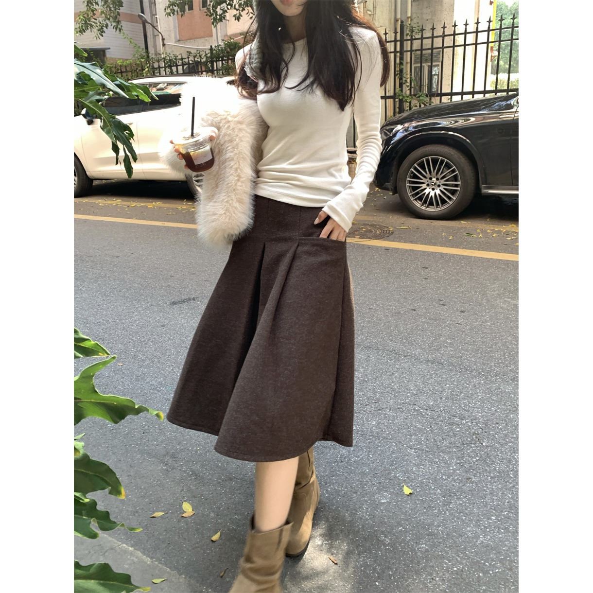 工字褶高腰A字中长款毛呢半身裙