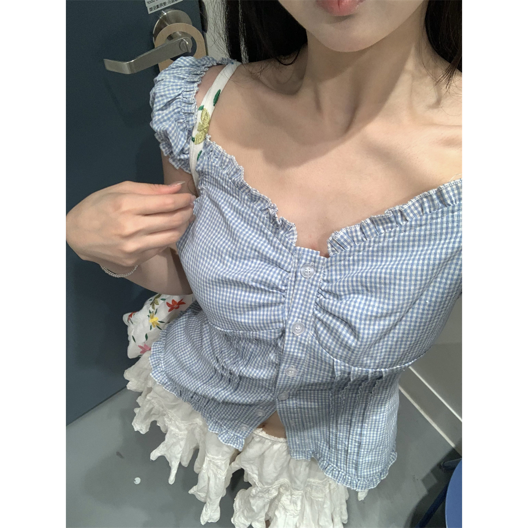 bm风荷叶边V领格子上衣