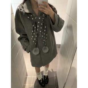 呢子外套 翻领双排扣毛呢大衣中长款 波点毛球披肩 冬季 黑奶酪
