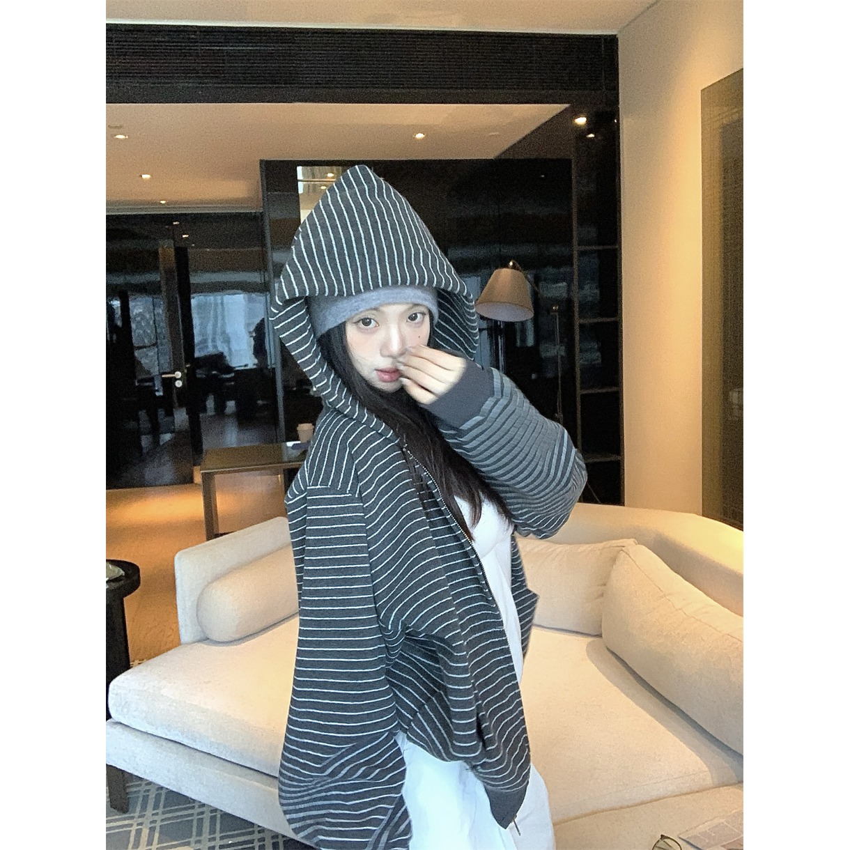 美式连帽条纹磨毛卫衣拉链外套