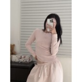 美式 百搭亨利领T恤粉色爵士舞上衣跳舞修身 长袖 黑奶酪 T打底衫