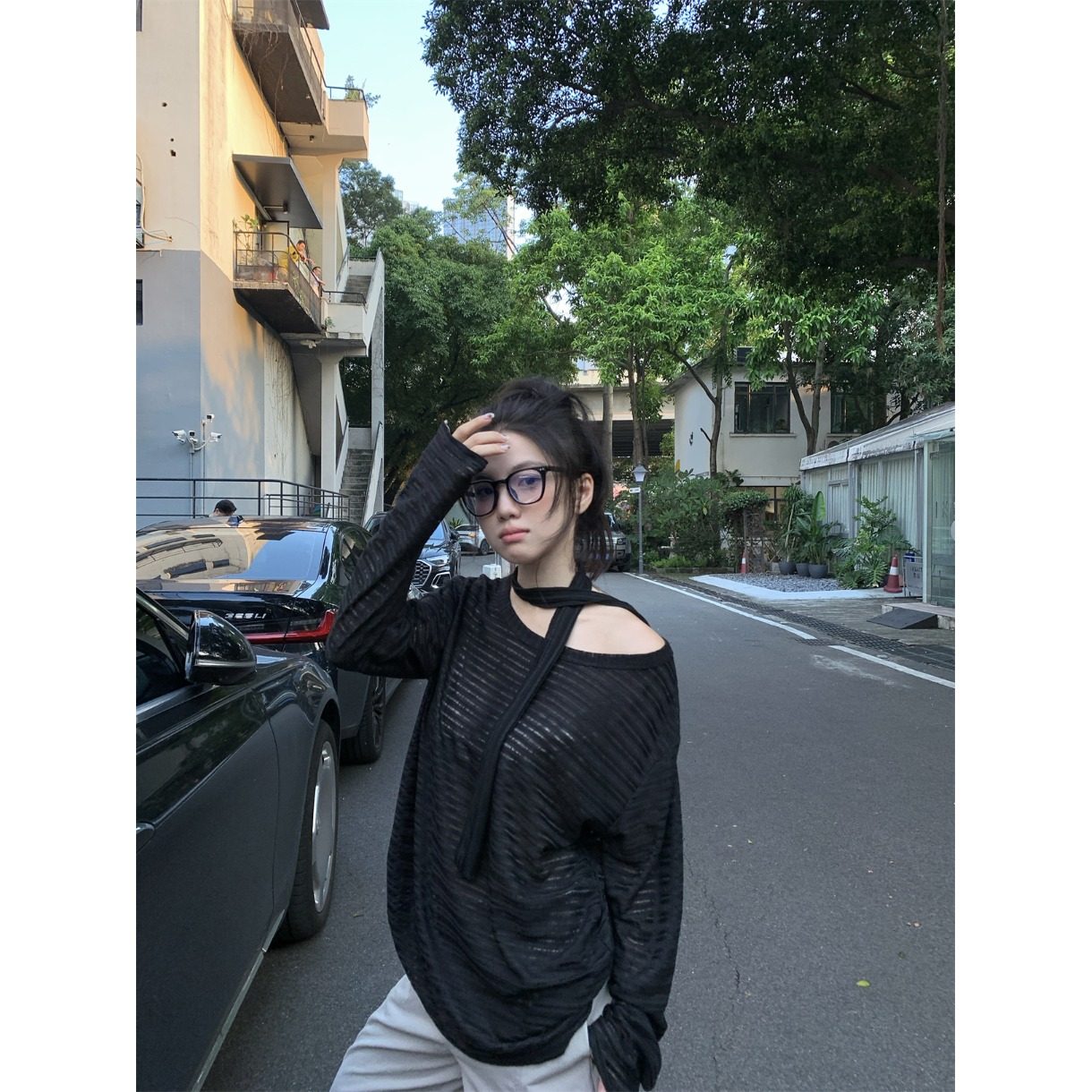 黑奶酪 BLACK~早秋美式复古慵懒长袖T恤薄款镂空针织防晒罩衫 - 黑奶酪 BLACK OKUD出品