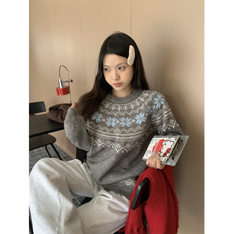 费尔岛撞色毛衣宽松百搭针织衫