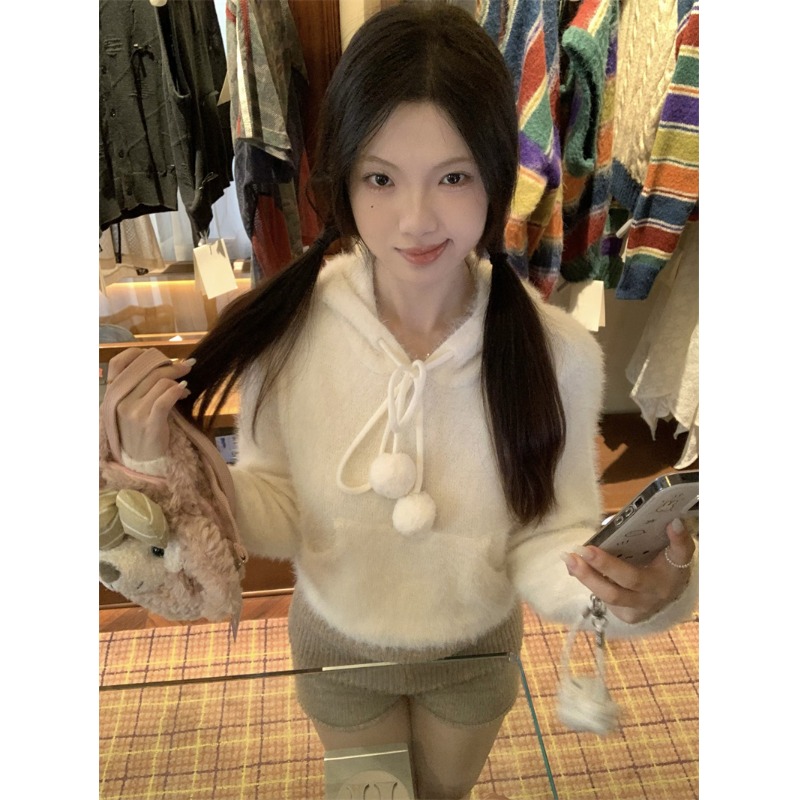 仿貂毛连帽毛衣短款内搭针织上衣