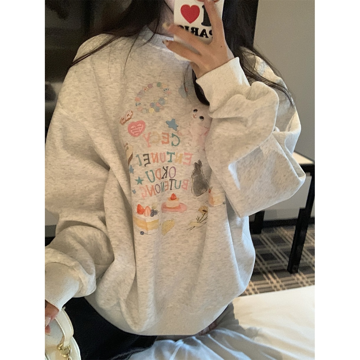 可爱猫咪字母印花宽松长袖卫衣