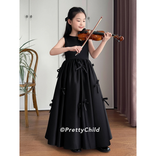 新款黑色儿童钢琴演出服高端缎面大小提琴演奏服洋气女童公主裙长