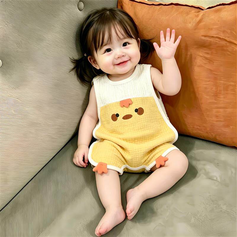 夏季薄款婴儿连体衣新生儿男女宝宝琵琶衣纱布包屁衣可爱小鸡厂家