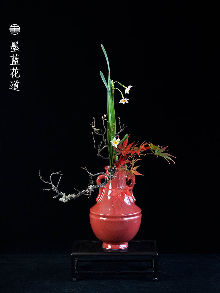 厂墨蓝花器道红色陶瓷禅意花瓶中式插花器皿客厅桌面摆件日式插促 鲜花速递/花卉仿真/绿植园艺 花瓶 原图主图