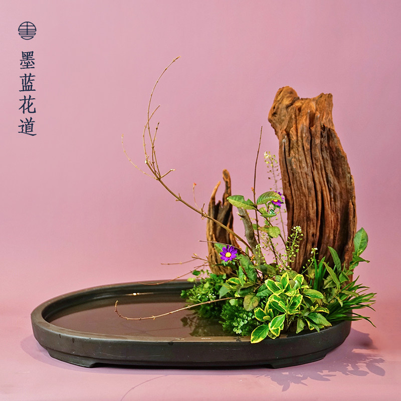 手工紫砂椭圆特大写景水盘花器禅意中式日式插花器皿小原流风格