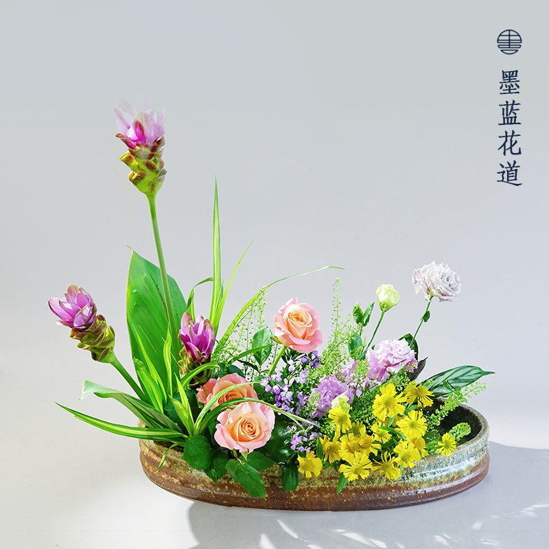 日本进口信乐烧砂砾水盘花器小原流盛花写景粗陶窑变釉大口径花盆