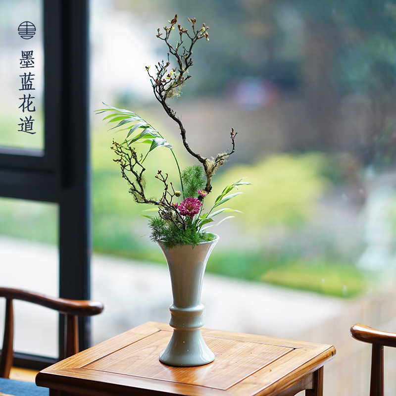 池坊教学花器禅意日式中式手工陶瓷白釉花瓶花器日式花道花艺