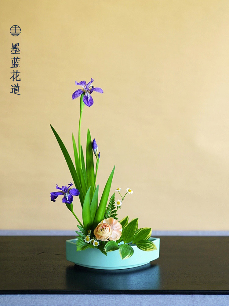 墨蓝 小原流扇形花器青瓷陶瓷花盘 自由排列花型通用花道花艺