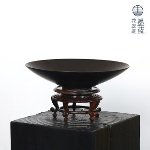 墨蓝花器墨黑斗笠圆盘简约创意陶瓷插花水盘圆形花盆日式花道摆件