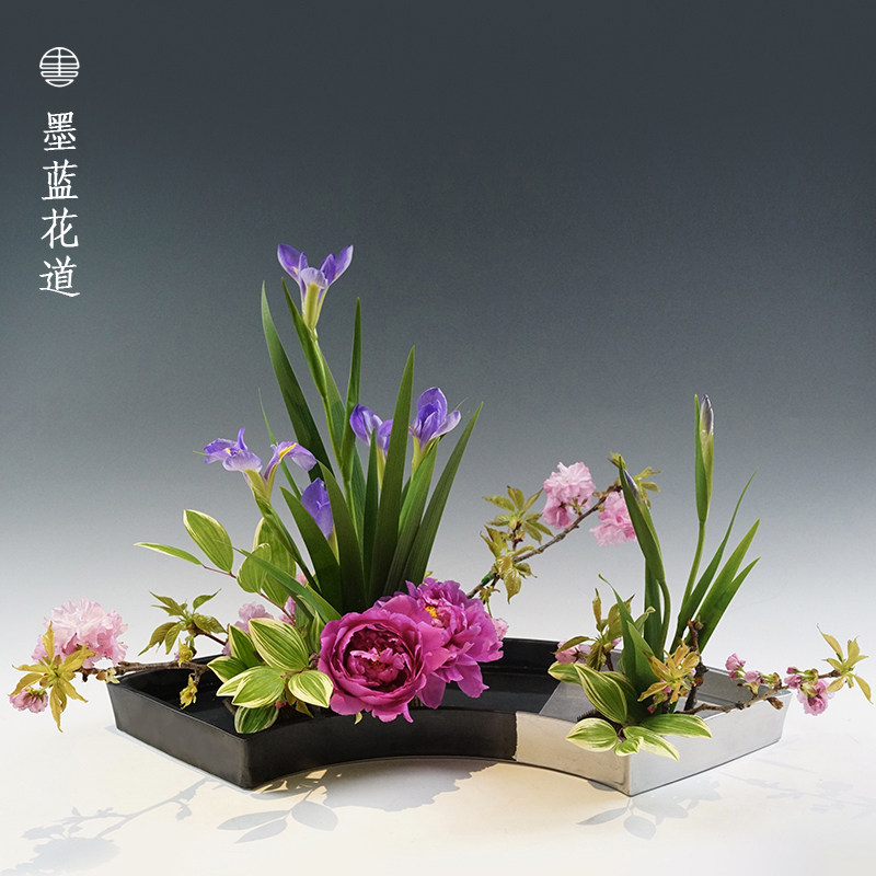 日本陶瓷大扇形插花花器 禅意日式花道创意花盘花盆 盛花花器