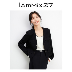 修身 IAmMIX27春秋黑色V领外套女短款 百搭简约通勤OL休闲西服上衣