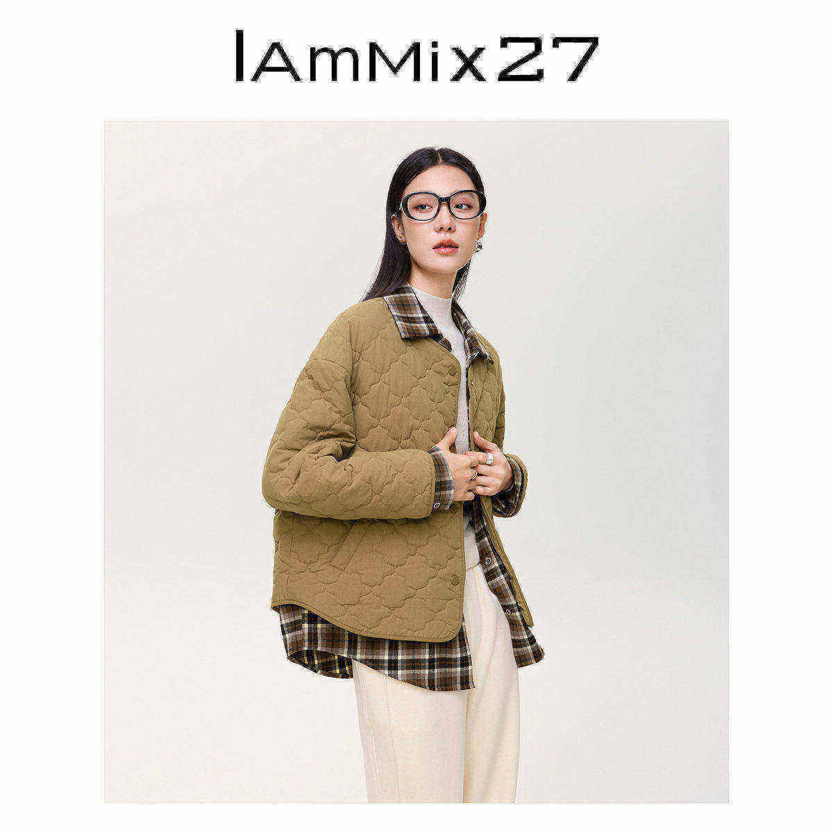 IAmMIX27冬季棉服外套女短款文艺休闲格子衬衫假两件保暖棉衣女薄