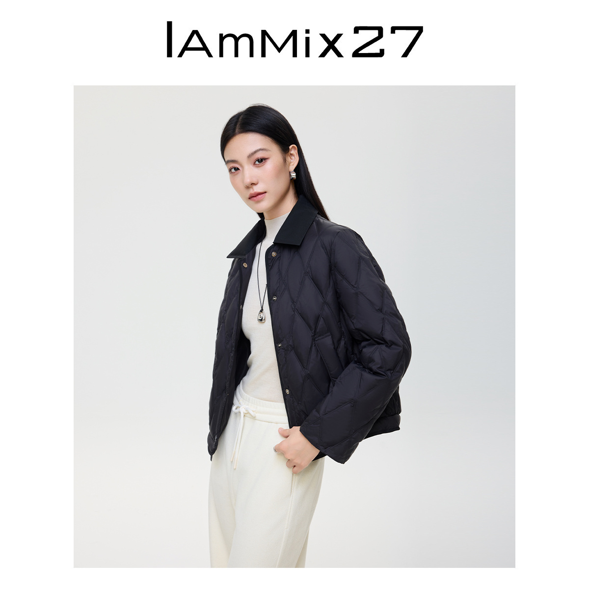 iammix27秋冬短款轻薄翻领羽绒服