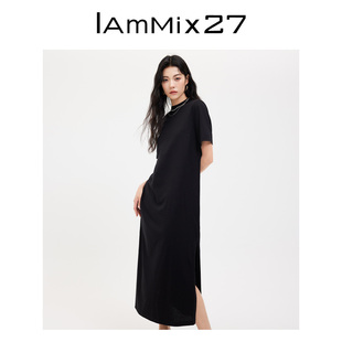 宽松简约百搭侧开衩全棉直筒长裙女 IAmMIX27黑色圆领连衣裙女短袖