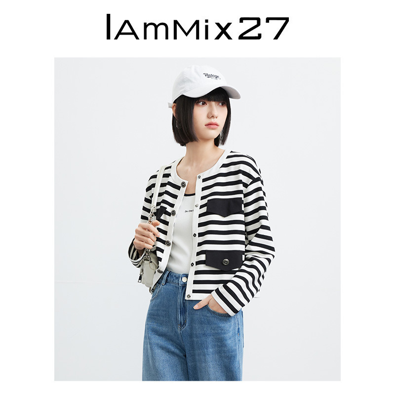 IAmMIX27春秋圆领开衫女短款法式小香风经典黑白条纹外搭针织衫女