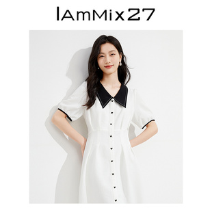 连衣裙女高腰修身 显瘦白色格纹衬衫 短袖 IAmMIX27夏季 裙女中长裙子