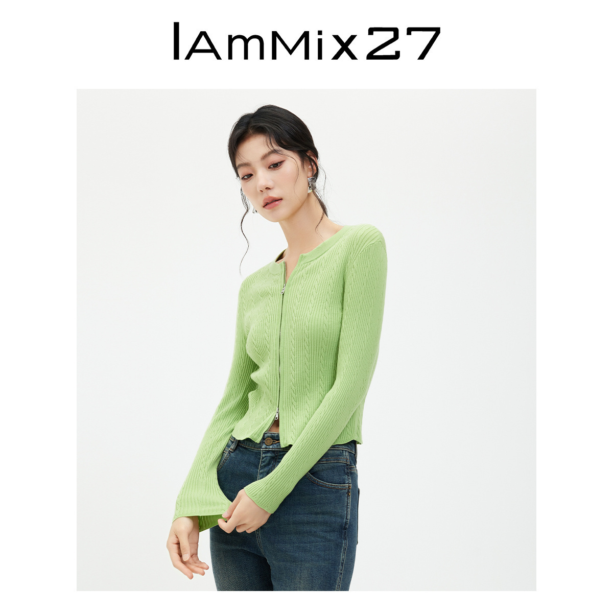 iammix27双拉链短款圆领针织开衫