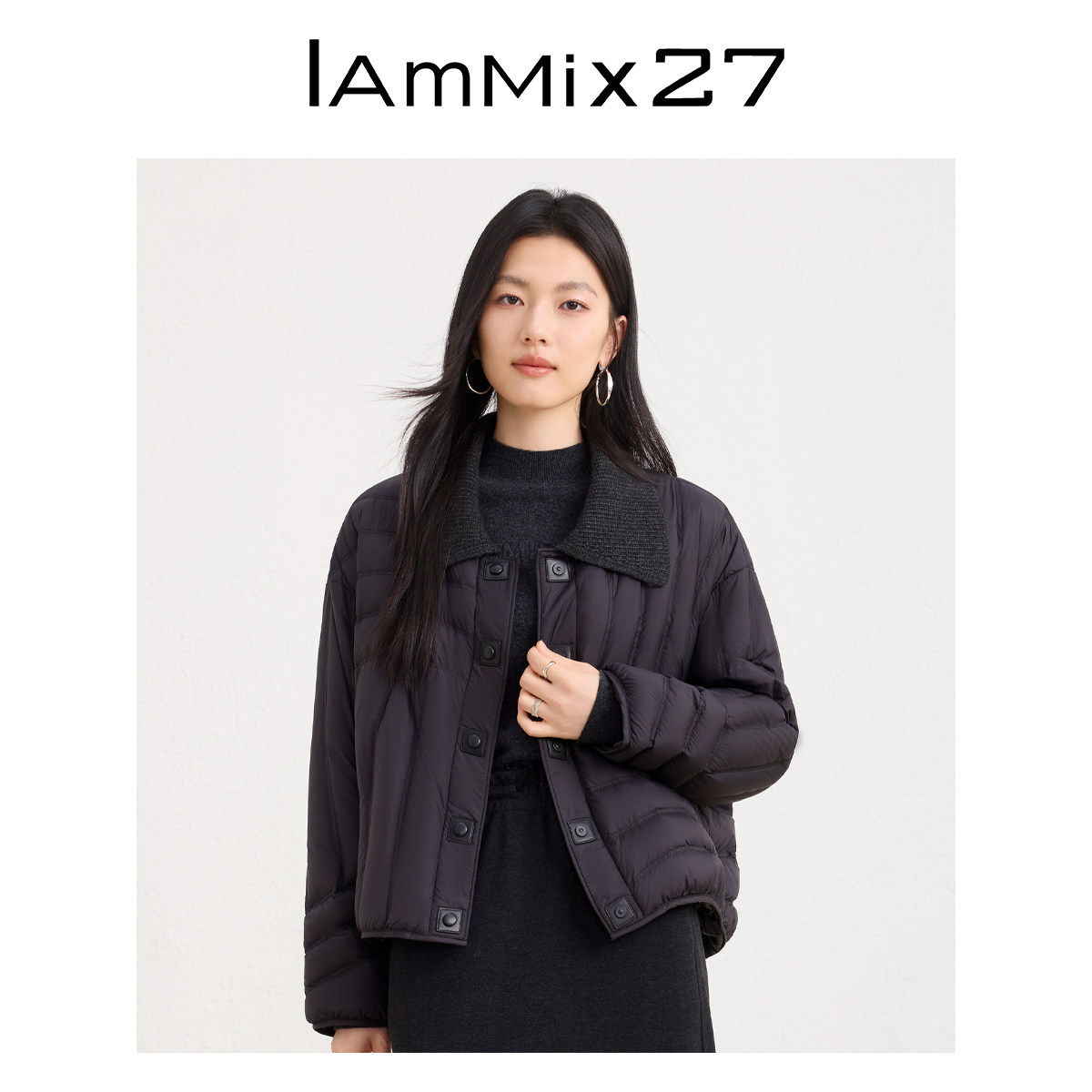 iammix27黑色短款翻领羽绒服外套