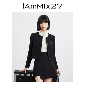 IAmMIX27黑色小香风外套女短款显瘦法式复古轻奢百搭圆领夹克上衣