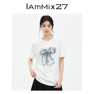 IAmMIX27重磅圆领T恤女短袖 上衣 宽松大码 休闲百搭印绣花白色半袖