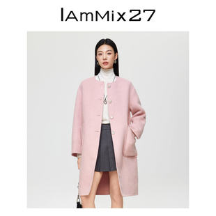 IAmMIX27冬季圆领毛呢大衣女宽松中长款绵羊毛混纺双面呢毛呢外套