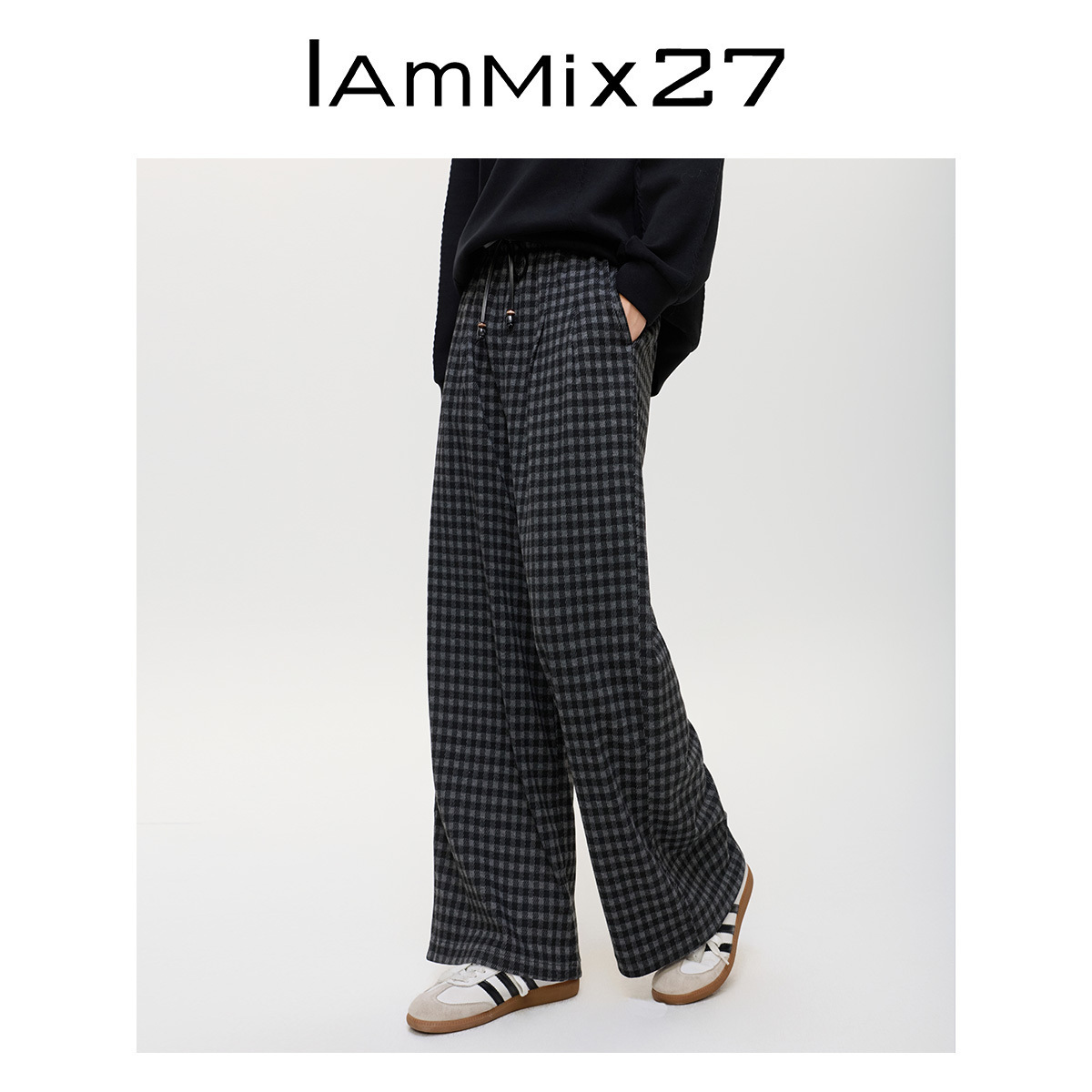 iammix27冬季加厚磨毛复古格子裤