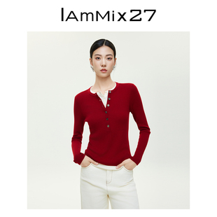 IAmMIX27红色套头针织衫 女修身 显瘦绵羊毛混纺软糯打底假两件毛衫