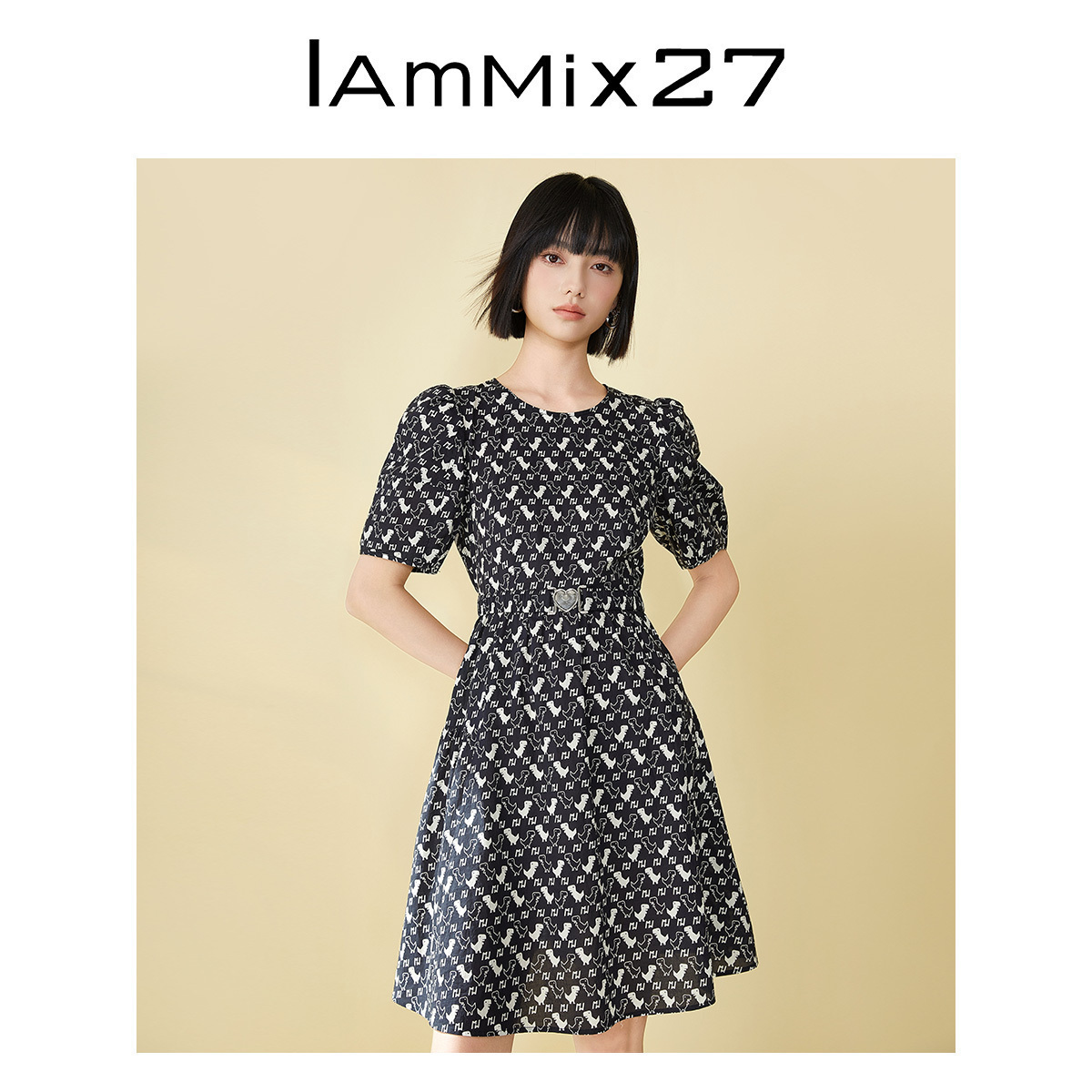 IAmMIX27小恐龙复古印花连衣裙