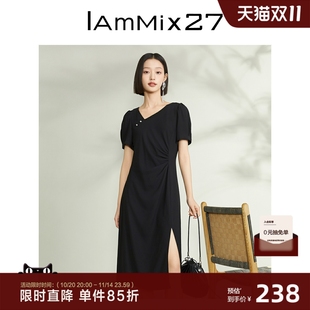 IAmMIX27短袖 显瘦褶皱收腰不对称开衩A字中长裙女 V领连衣裙女夏季