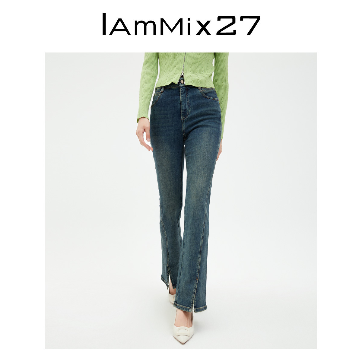 iammix27复古高腰牛仔喇叭裤