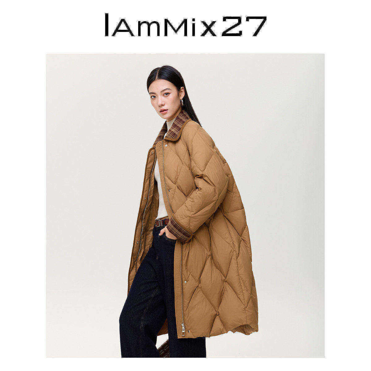 iammix27冬季格子拼接菱格羽绒服