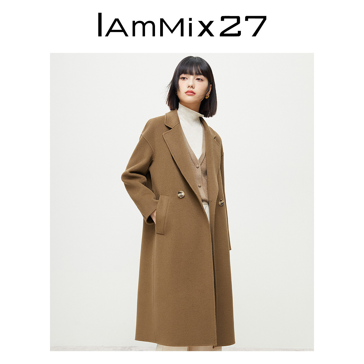 IAmMIX27冬季毛呢外套女中长款加厚绵羊毛山羊绒混纺双面呢大衣女