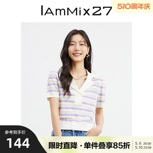 修身 女 时尚 薄针织衫 女短款 短袖 百搭条纹Polo领套头衫 IAmMIX27夏季