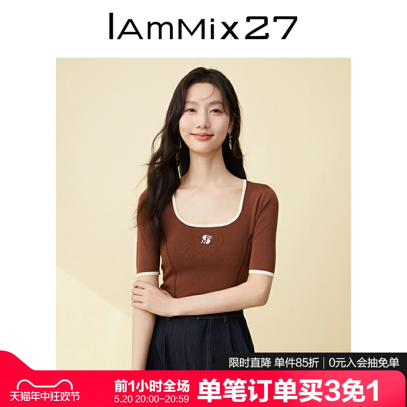 IAmMIX27短袖u型领套头针织上衣