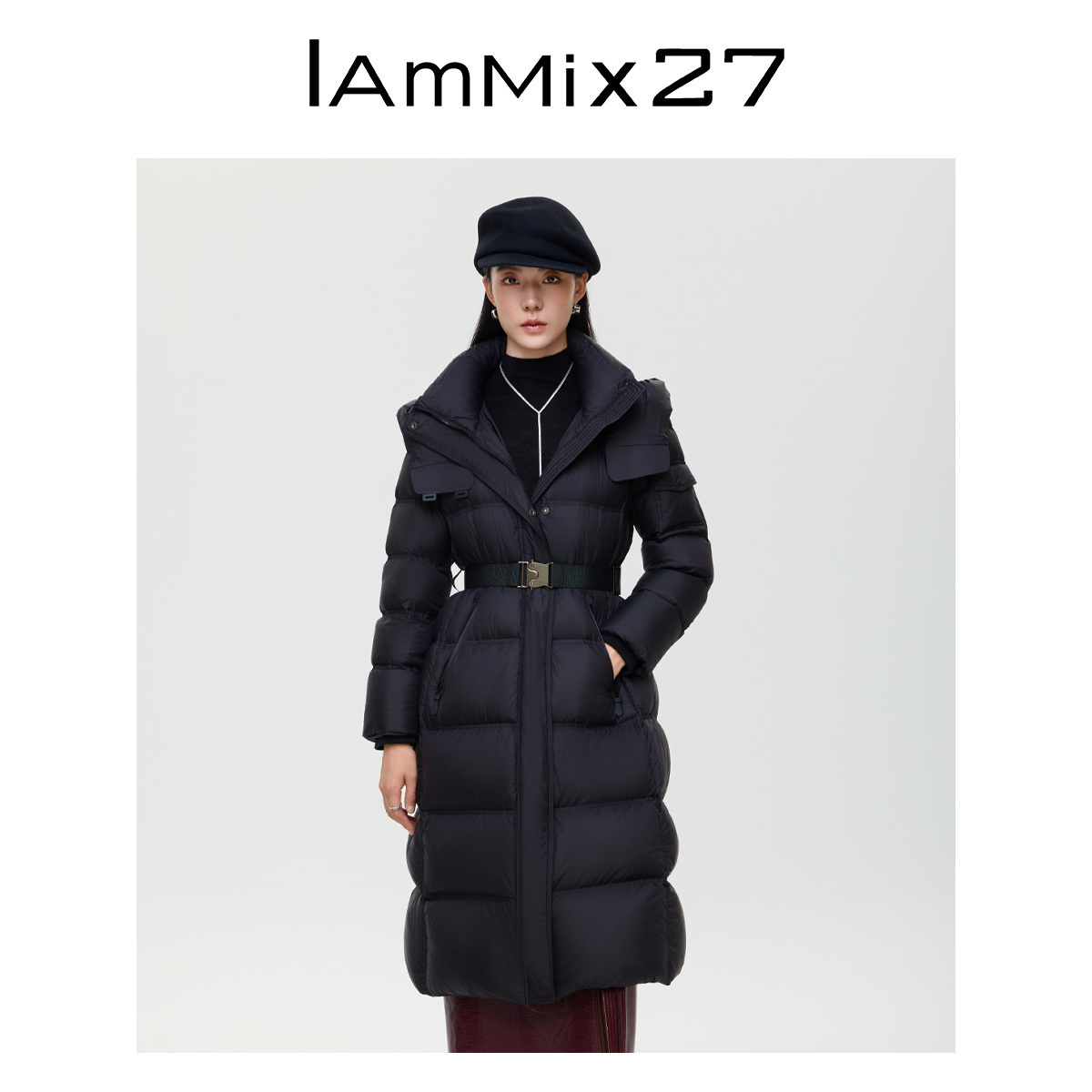 iammix27冬季长款连帽立领羽绒服