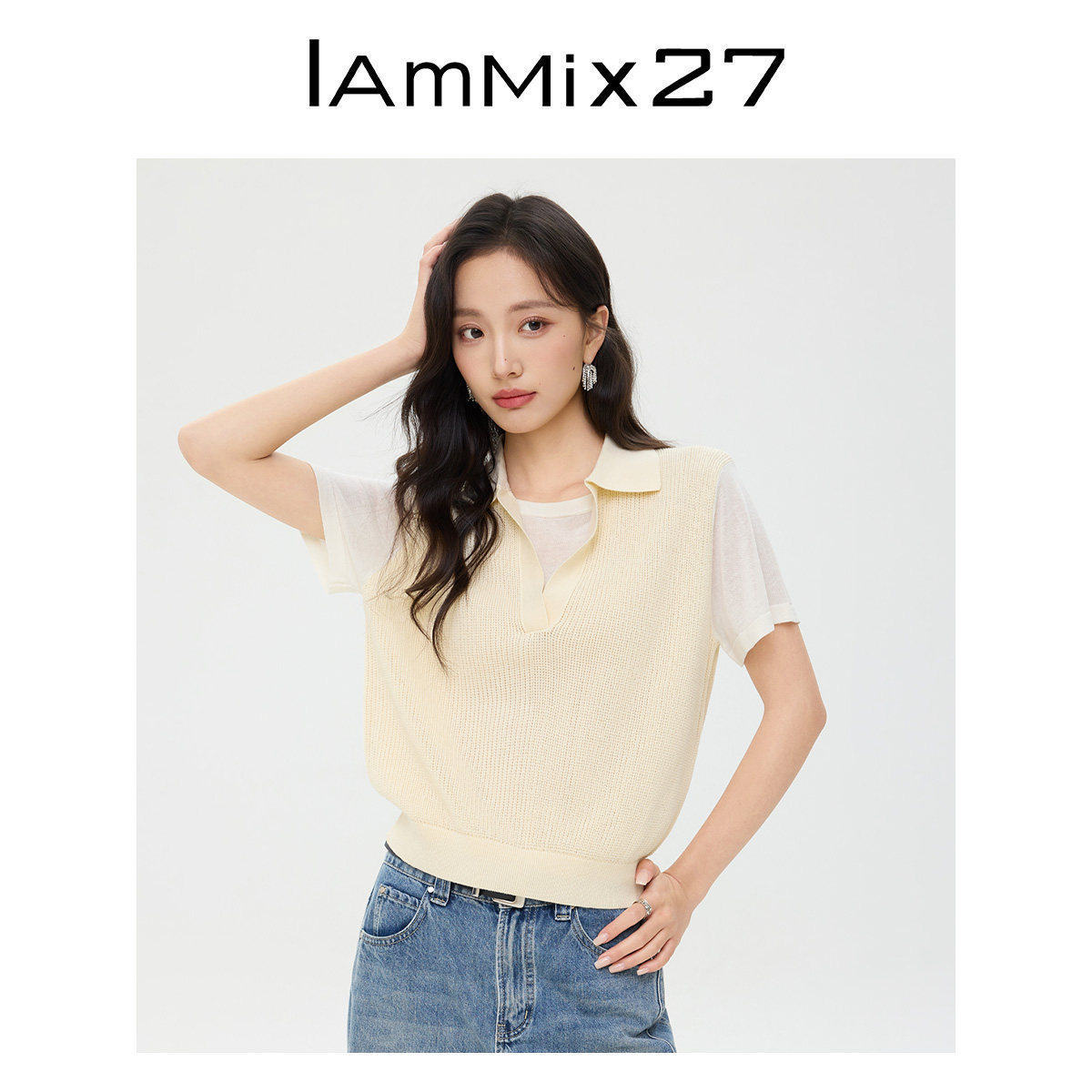 IAmMIX27Polo领套头针织衫女薄款纯色莱赛尔镂空假两件上衣女短袖