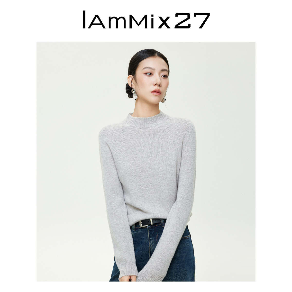 iammix27纯色半高领套头羊毛衫
