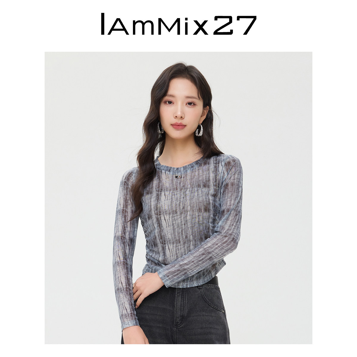 IAmMIX27圆领印花套头衫女小众设计感抽皱百搭修身短款网布上衣女,女装/女士精品,T恤,淘宝优惠券,粉丝福利购,淘宝优惠卷