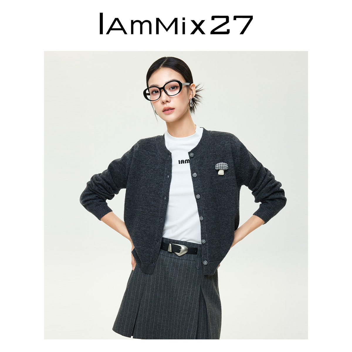 iammix27绵羊毛圆领针织开衫