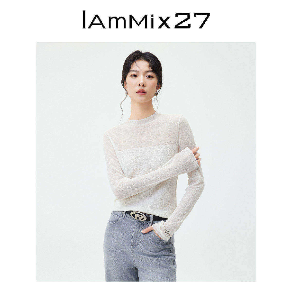 IAmMIX27圆领打底衫女纯色显瘦莱赛尔桑蚕丝混纺套头针织衫女薄款