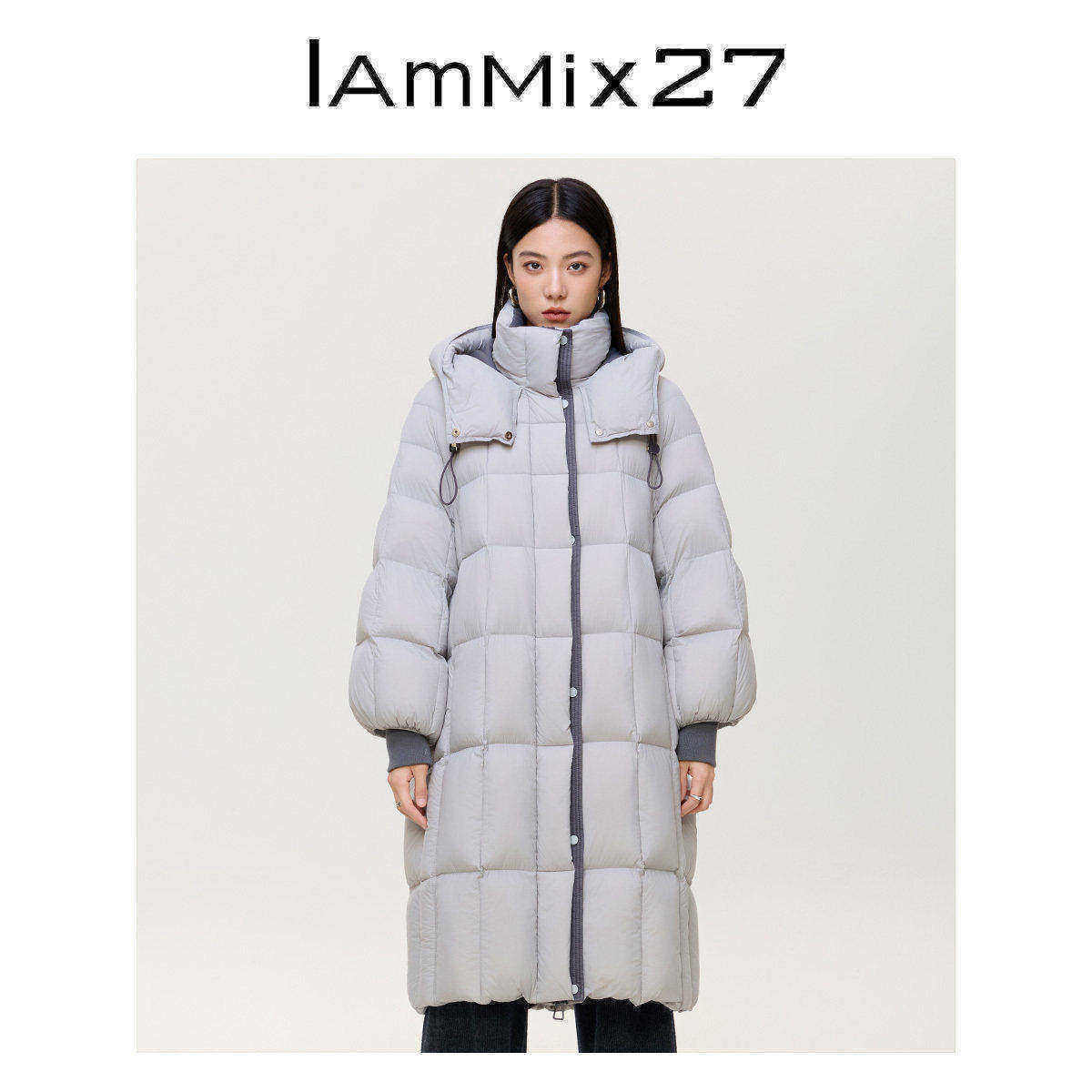 iammix27冬季宽松连帽长款羽绒服