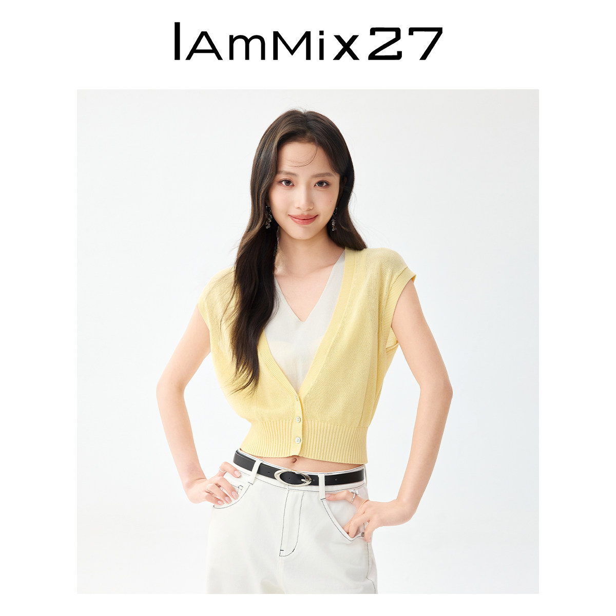 IAmMIX27夏V领套头针织衫女无袖薄款莱赛尔亲肤假两件上衣女短款