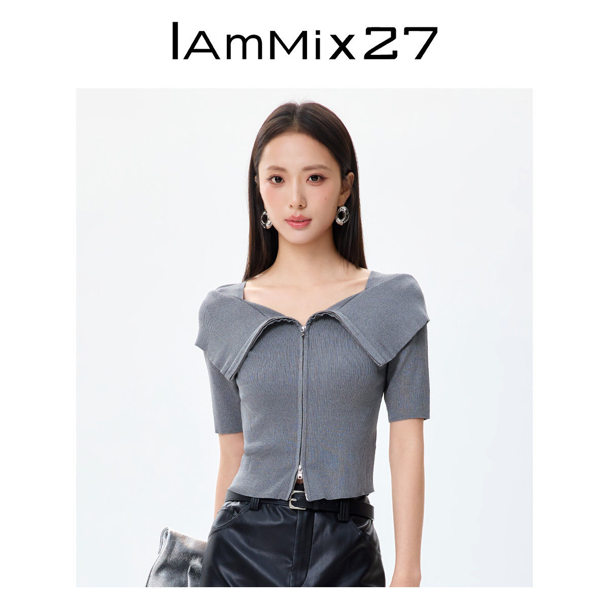 IAmMIX27大翻领拉链开衫女短袖薄款修身显瘦纯色简约短款针织衫女